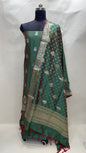 Faishana Presents Green Katan Silk 3pcs Suit Set accompanied with Plain Bottom and Top Golden Zari Booti & Green Golden Booti Katan Silk Dupatta