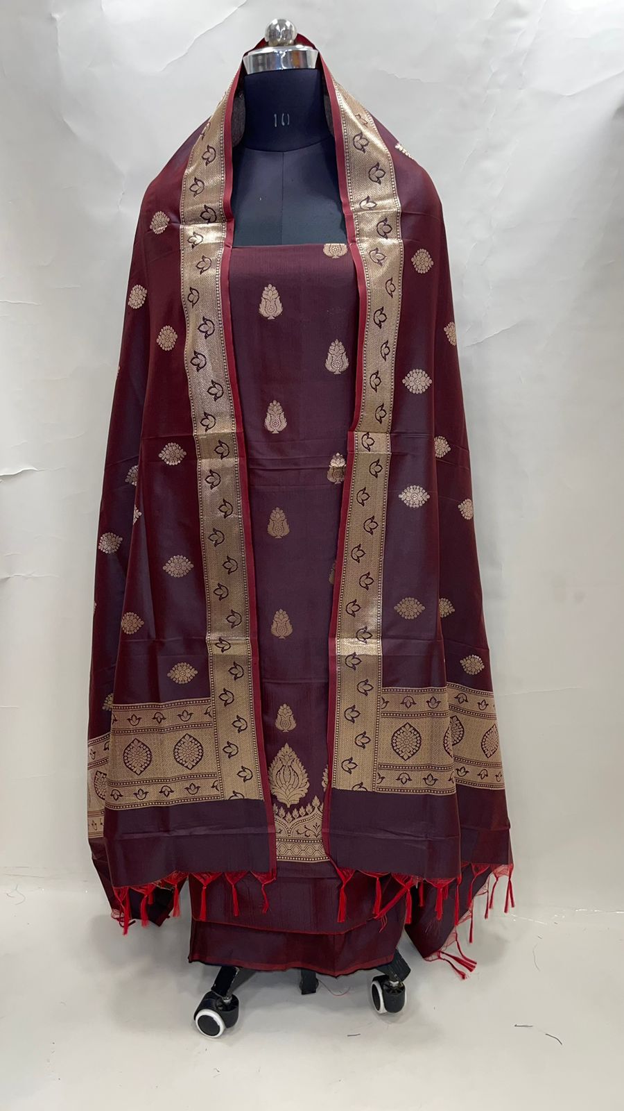 Faishana Presents Dark Maroon Katan Silk 3pcs Suit Set accompanied with Plain Bottom and Top Golden Zari Booti with Dark Golen Jaal Dupatta