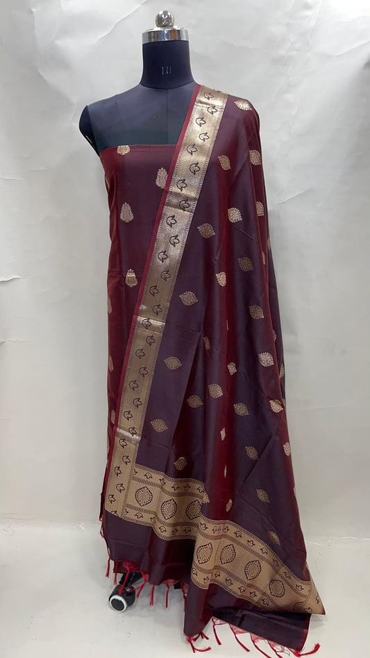 Faishana Presents Dark Maroon Katan Silk 3pcs Suit Set accompanied with Plain Bottom and Top Golden Zari Booti with Dark Golen Jaal Dupatta