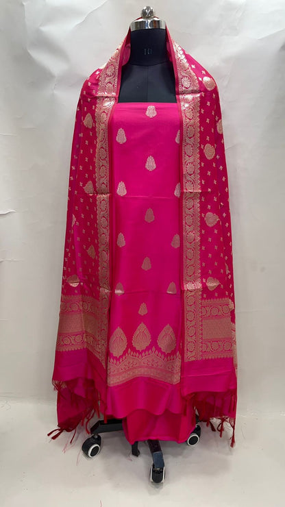 Faishana Presents Pink Katan Silk 3pcs Suit Set accompanied with Plain Bottom and Top Golden Zari Booti & Pink Golden Booti Katan Silk Dupatta