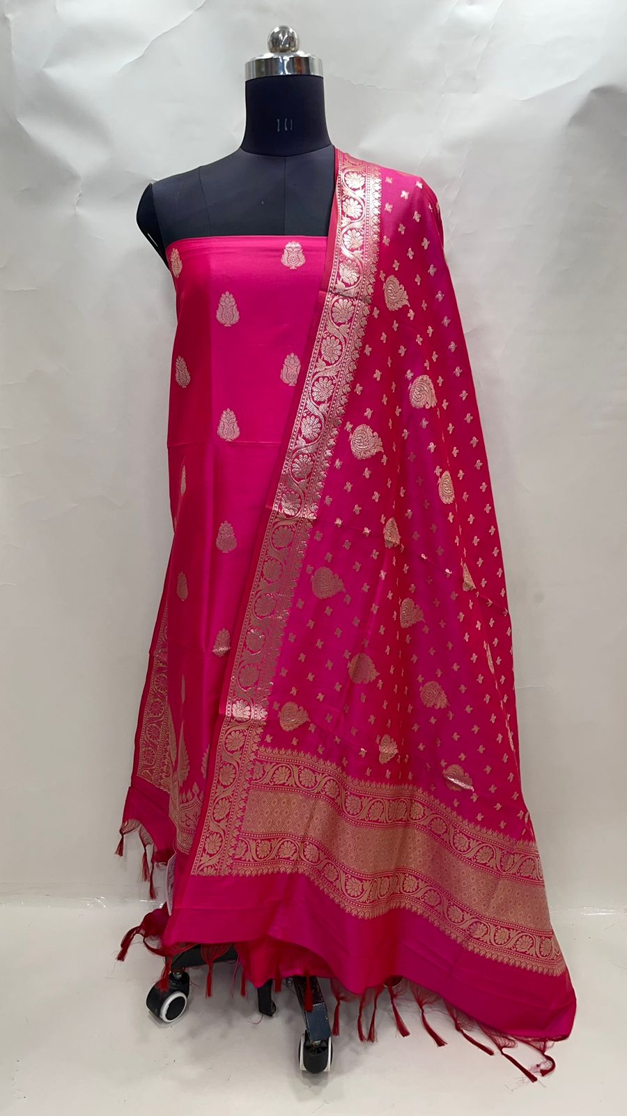 Faishana Presents Pink Katan Silk 3pcs Suit Set accompanied with Plain Bottom and Top Golden Zari Booti & Pink Golden Booti Katan Silk Dupatta
