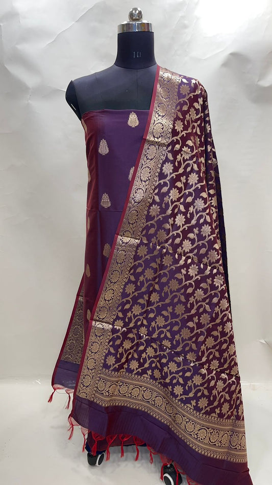 Faishana Presents Purple Katan Silk 3pcs Suit Set accompanied with Plain Bottom and Top Golden Zari Booti with Purple Golden Jaal Katan Silk Dupatta