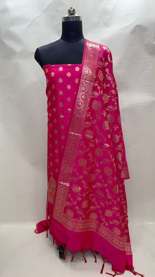 Faishana Presents Pink Katan Silk 3pcs Suit Set accompanied with Plain Bottom and Top Golden Zari Small Booti & Pink Golden Zari Jaal Katan Silk Dupatta