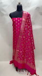 Faishana Presents Pink Katan Silk 3pcs Suit Set accompanied with Plain Bottom and Top Golden Zari Small Booti & Pink Golden Zari Jaal Katan Silk Dupatta