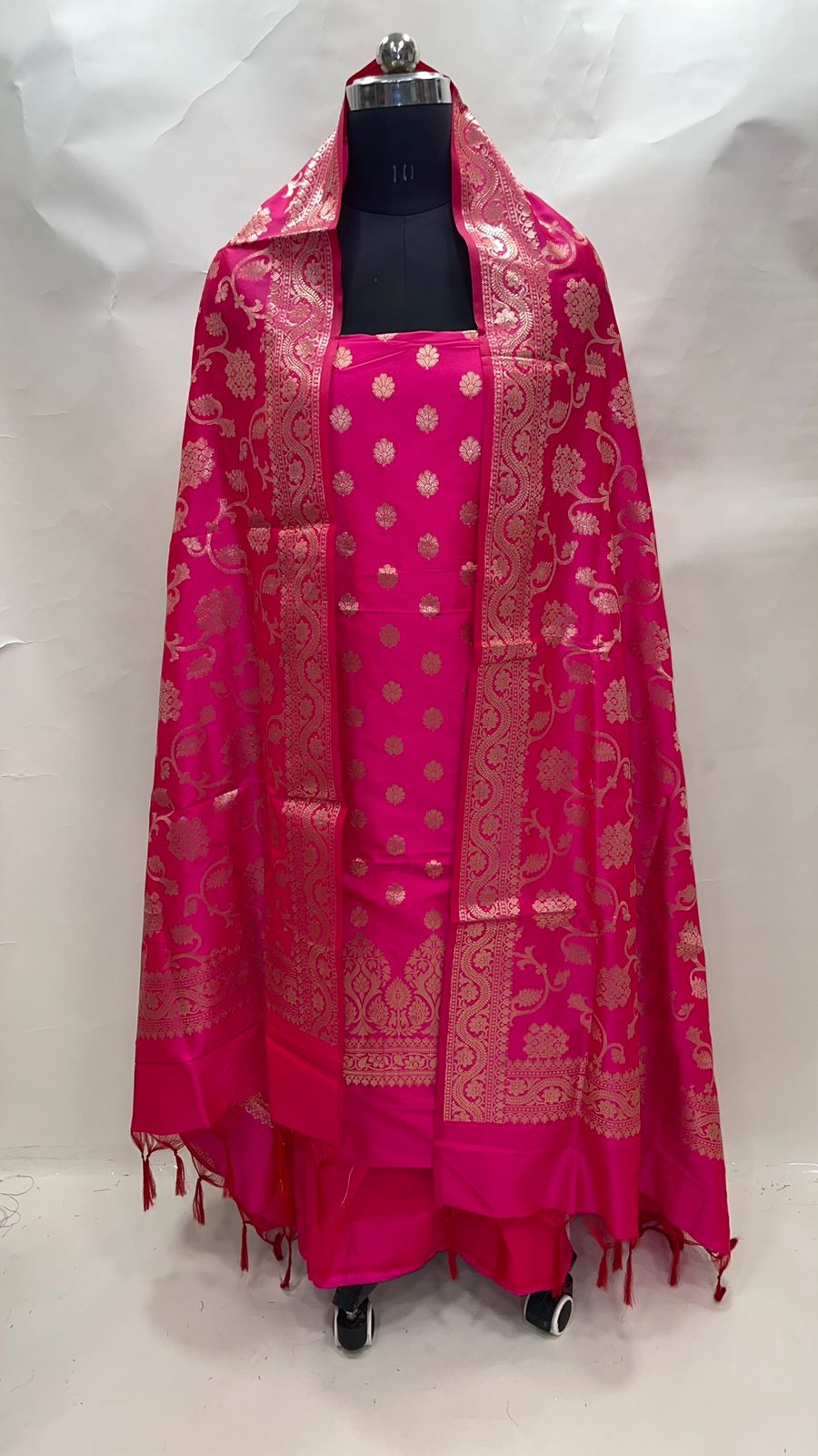 Faishana Presents Pink Katan Silk 3pcs Suit Set accompanied with Plain Bottom and Top Golden Zari Small Booti & Pink Golden Zari Jaal Katan Silk Dupatta