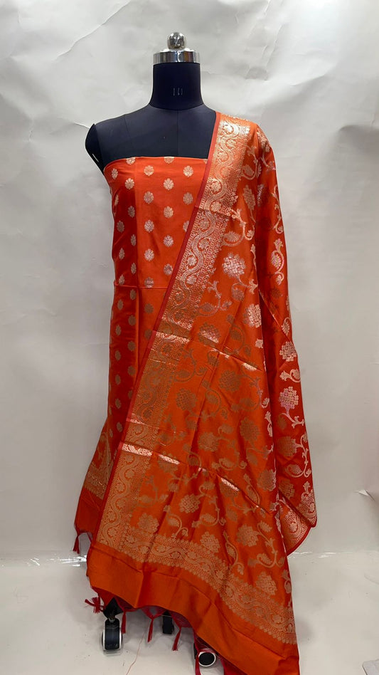 Faishana Presents Orange Katan Silk 3pcs Suit Set accompanied with Plain Bottom and Top Golden Zari Small Booti & Orange Golden Zari Jaal Katan Silk Dupatta