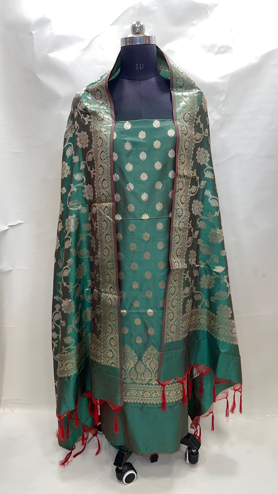Faishana Presents Green Katan Silk 3pcs Suit Set accompanied with Plain Bottom and Top Golden Zari Small Booti & Green Golden Zari Jaal Katan Silk Dupatta