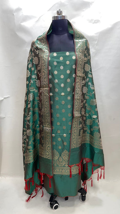 Faishana Presents Green Katan Silk 3pcs Suit Set accompanied with Plain Bottom and Top Golden Zari Small Booti & Green Golden Zari Jaal Katan Silk Dupatta
