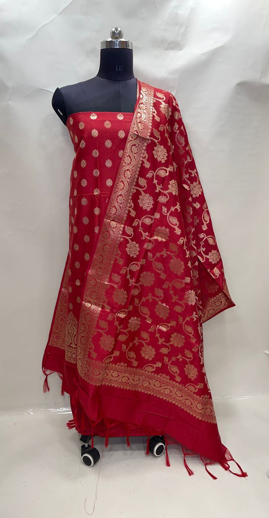 Faishana Presents Red Katan Silk 3pcs Suit Set accompanied with Plain Bottom and Top Golden Zari Small Booti & Red Golden Zari Jaal Katan Silk Dupatta
