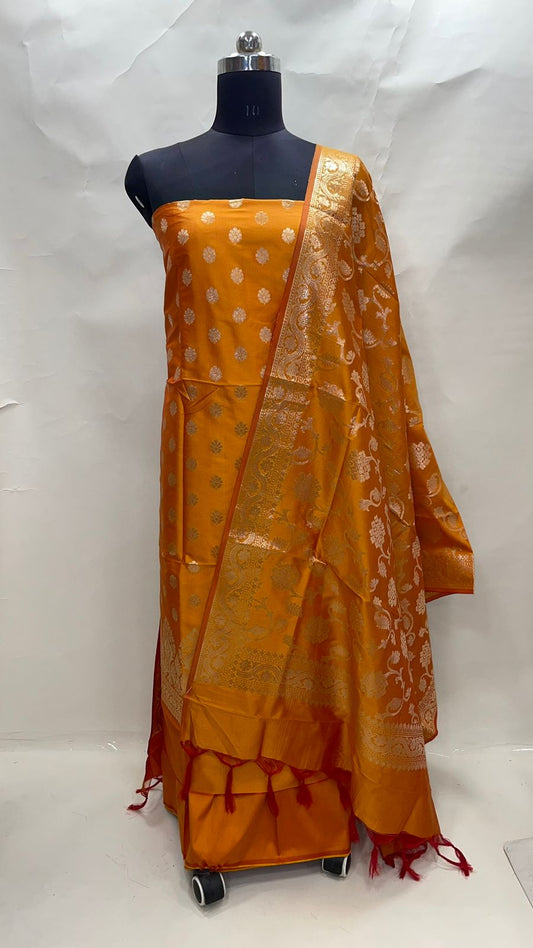 Faishana Presents Mustard Yellow Katan Silk 3pcs Suit Set accompanied with Plain Bottom and Top Golden Zari Small Booti & Mustard Yellow Golden Zari Jaal Katan Silk Dupatta
