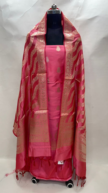 Faishana Presents Pink Katan Silk 3pcs Suit Set accompanied with Plain Bottom and Top Golden Zari Booti & Pink Golden Lehariya Stripe Katan Silk Dupatta