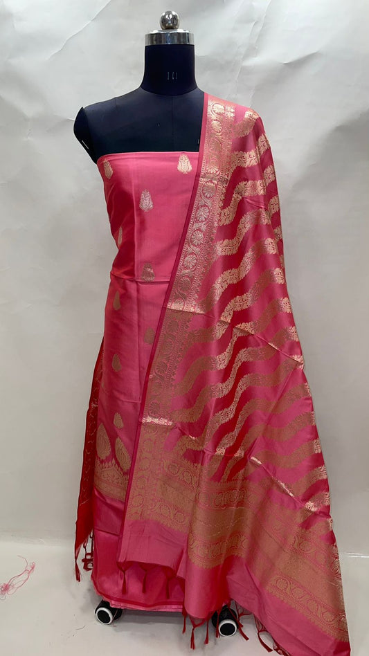 Faishana Presents Pink Katan Silk 3pcs Suit Set accompanied with Plain Bottom and Top Golden Zari Booti & Pink Golden Lehariya Stripe Katan Silk Dupatta