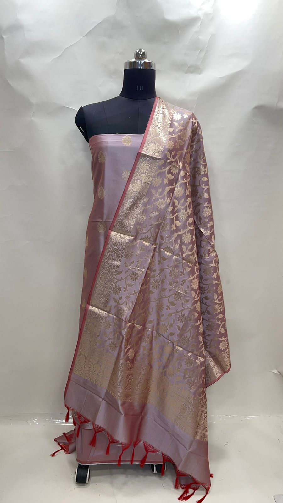Faishana Presents Light Purple Katan Silk 3pcs Suit Set accompanied with Plain Bottom and Top Golden Zari Booti with Light Purple Golden Jaal Katan Silk Dupatta