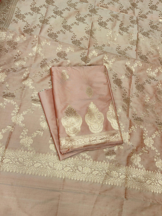 Beige Semi Katan Silk Handloom Banarasi 3 pcs Suit Set MUB_SK100