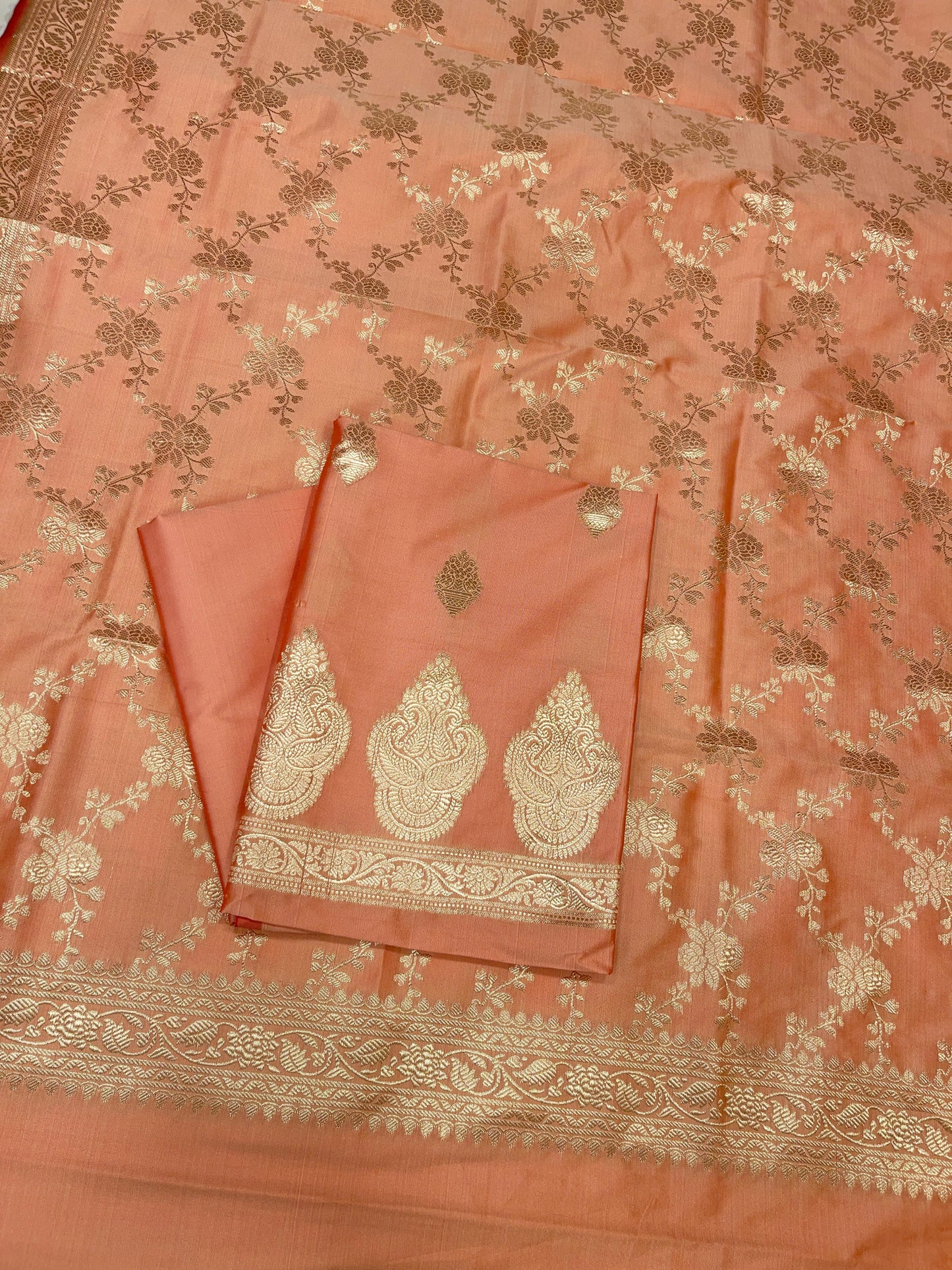 Peach Semi Katan Silk Handloom Banarasi 3 pcs Suit Set MUB_SK102