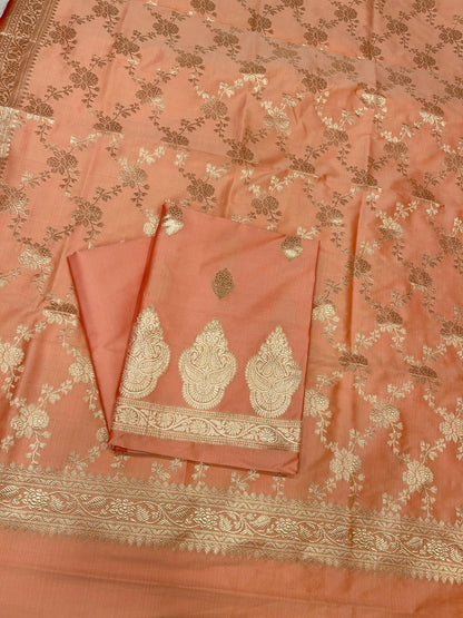Peach Semi Katan Silk Handloom Banarasi 3 pcs Suit Set MUB_SK102