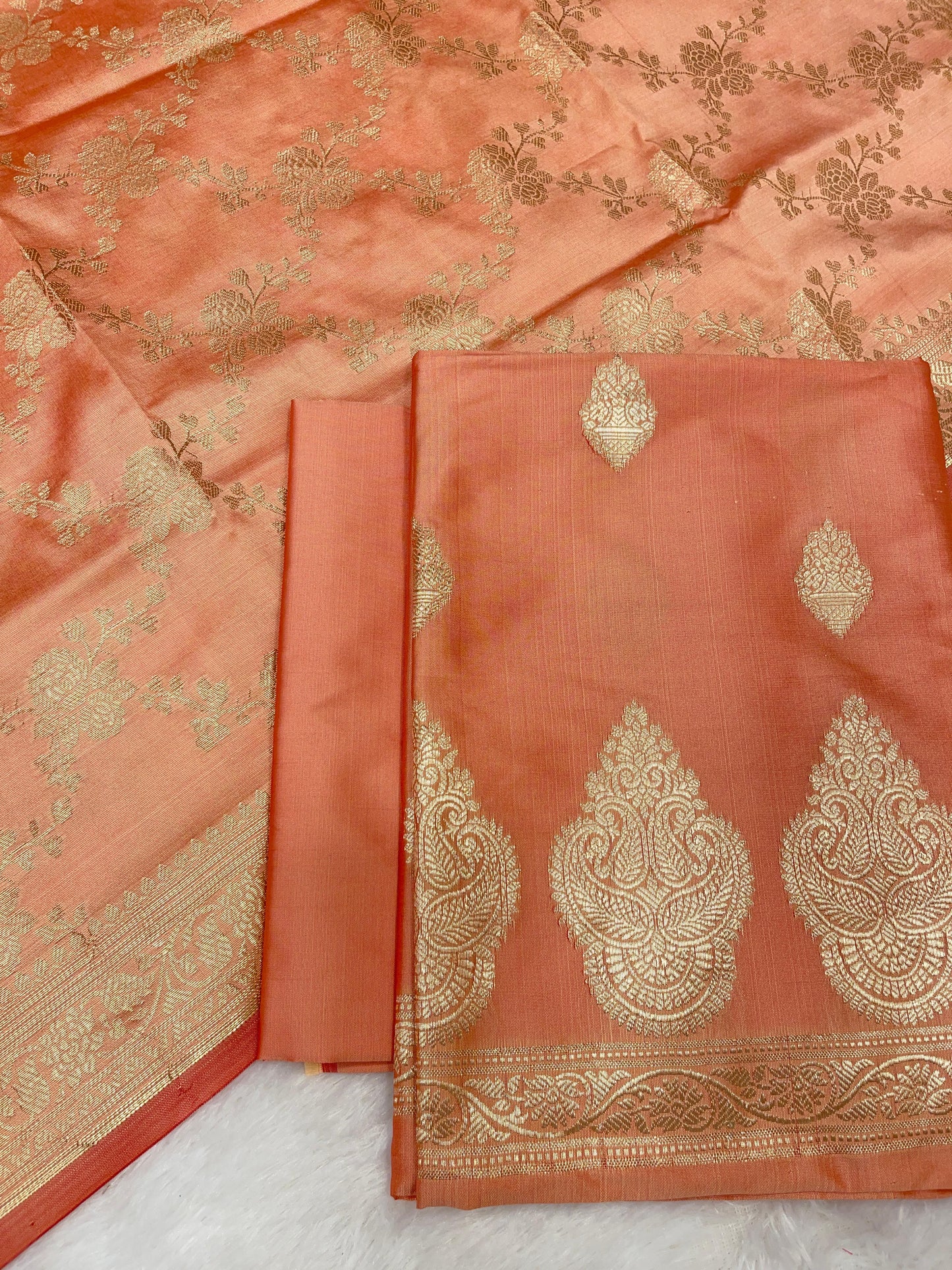 Peach Semi Katan Silk Handloom Banarasi 3 pcs Suit Set MUB_SK102