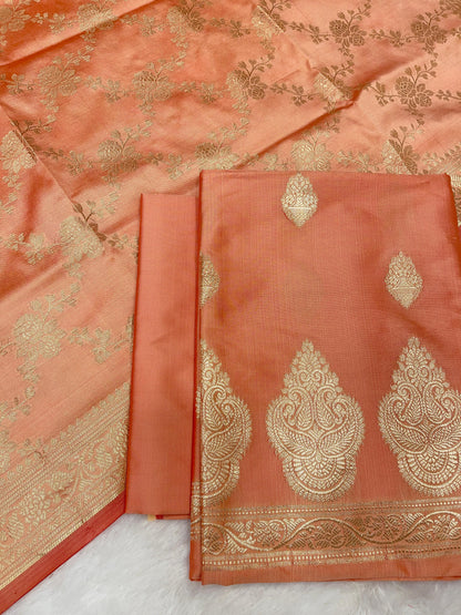 Peach Semi Katan Silk Handloom Banarasi 3 pcs Suit Set MUB_SK102