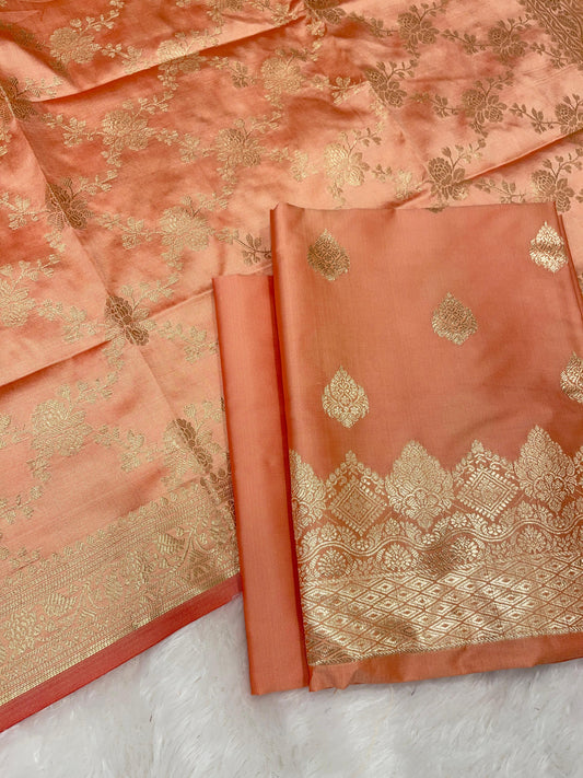 Peach Semi Katan Silk Handloom Banarasi 3 pcs Suit Set MUB_SK98