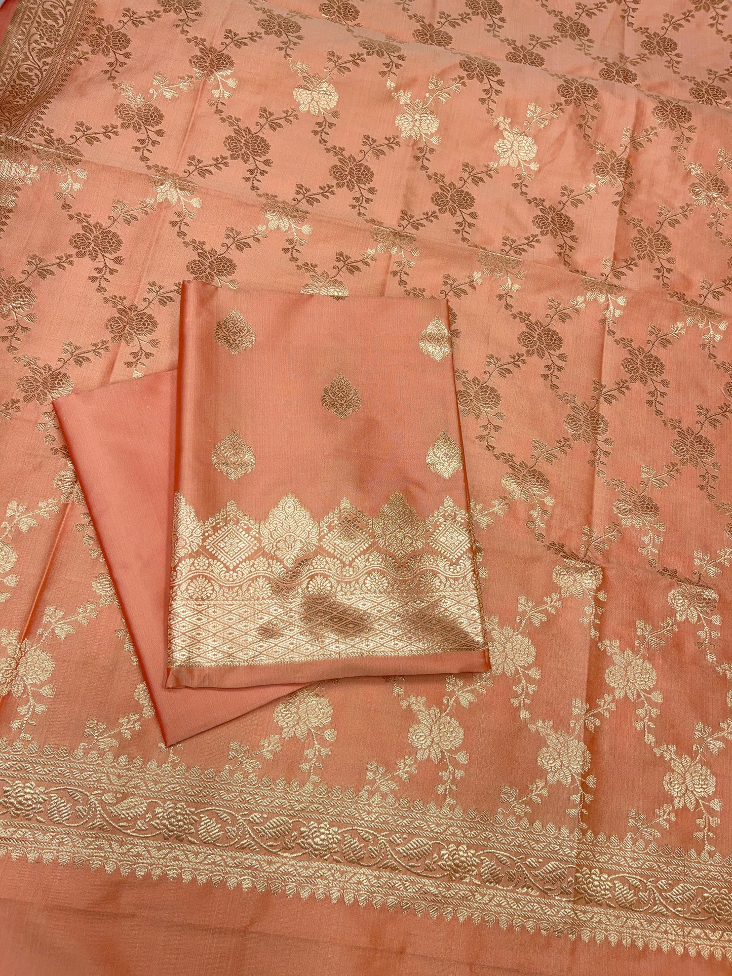 Peach Semi Katan Silk Handloom Banarasi 3 pcs Suit Set MUB_SK98