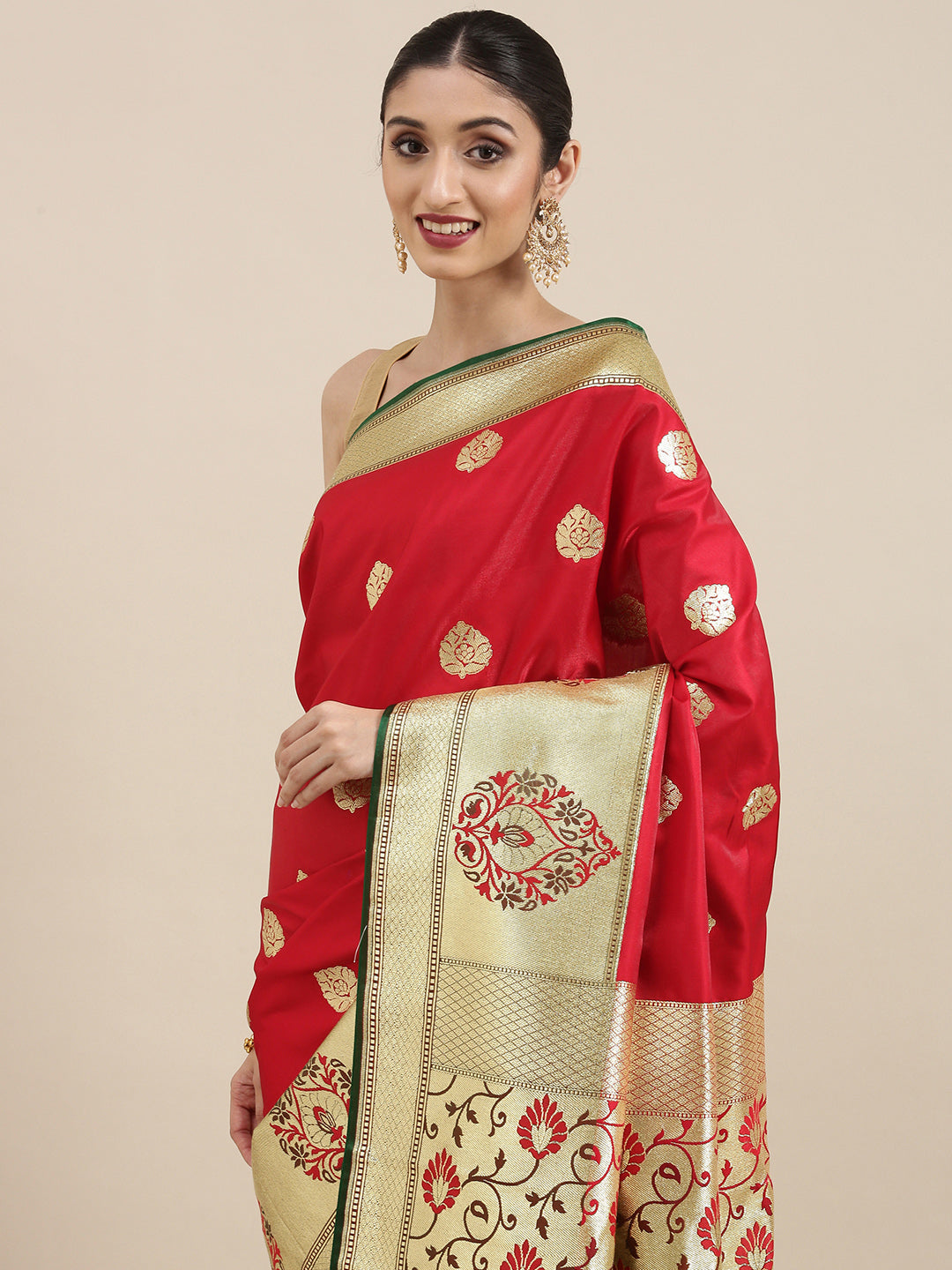 Faishana Presents Red Satin Silk Mughal Motif Zari Boota Paithani Anchal Skirt Green Border Banarasi Saree