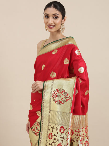 Faishana Presents Red Satin Silk Mughal Motif Zari Boota Paithani Anchal Skirt Green Border Banarasi Saree