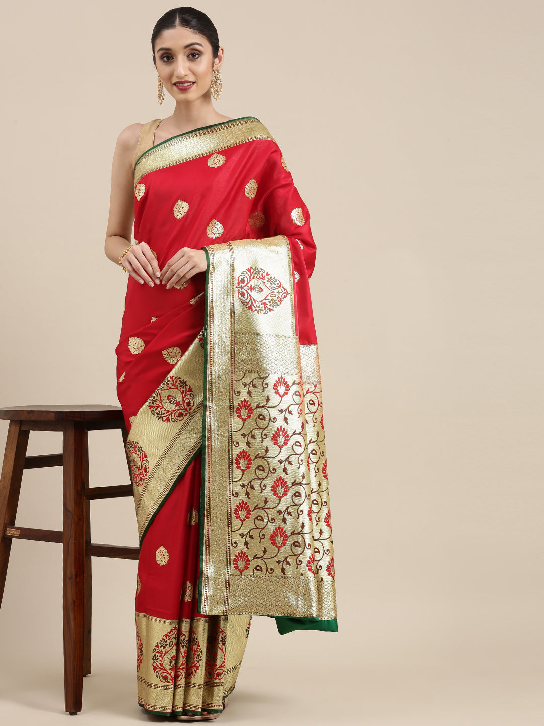 Faishana Presents Red Satin Silk Mughal Motif Zari Boota Paithani Anchal Skirt Green Border Banarasi Saree