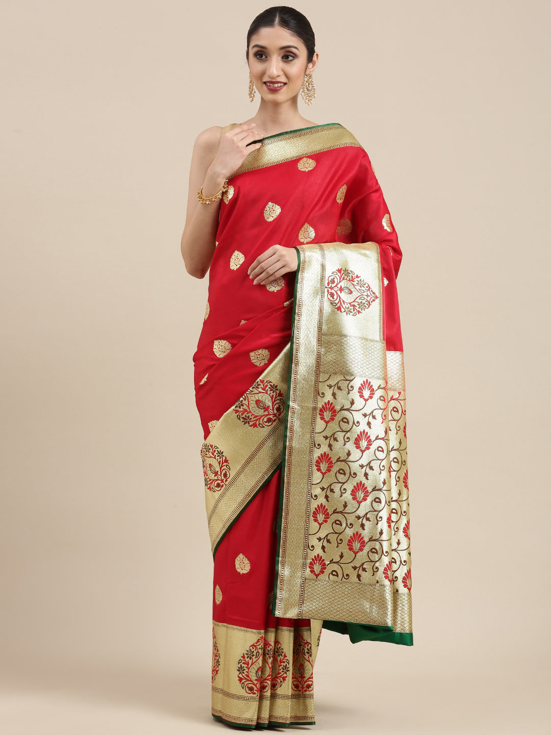 Faishana Presents Red Satin Silk Mughal Motif Zari Boota Paithani Anchal Skirt Green Border Banarasi Saree
