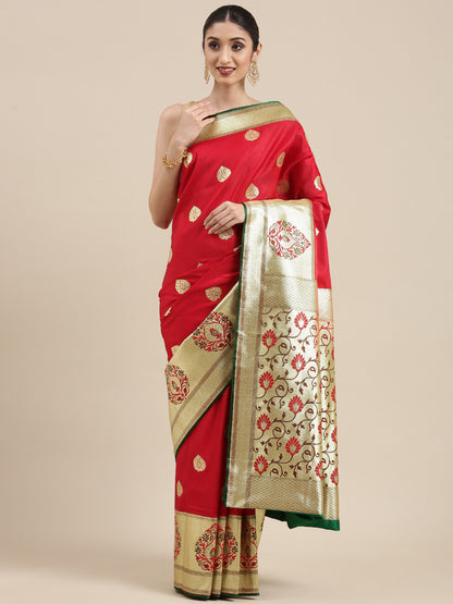 Faishana Presents Red Satin Silk Mughal Motif Zari Boota Paithani Anchal Skirt Green Border Banarasi Saree