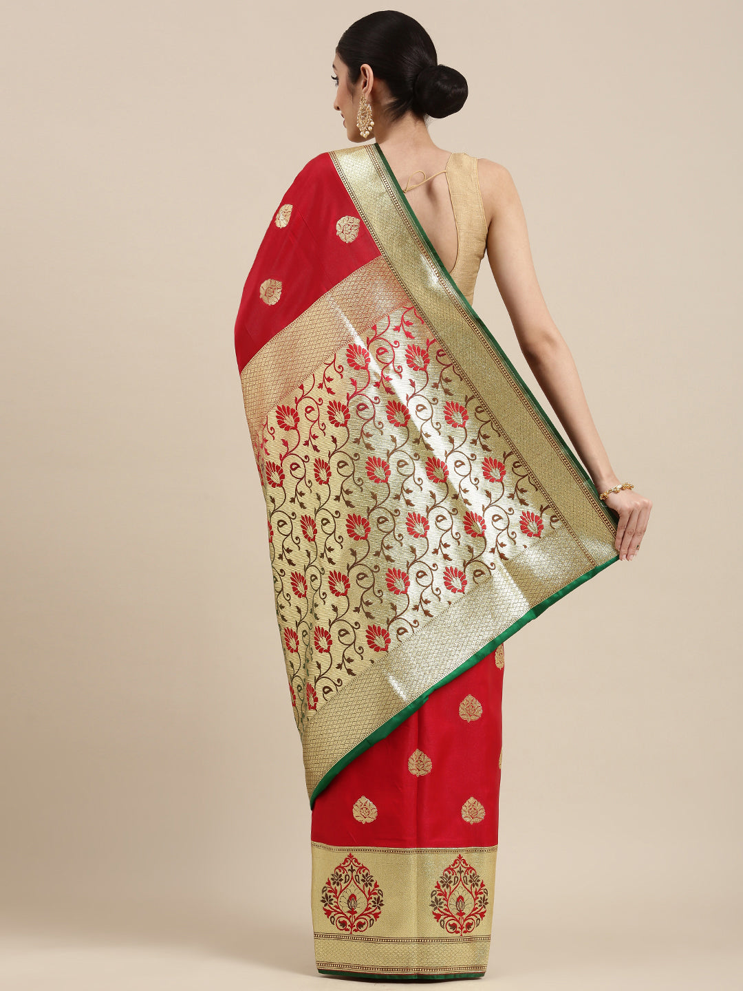 Faishana Presents Red Satin Silk Mughal Motif Zari Boota Paithani Anchal Skirt Green Border Banarasi Saree