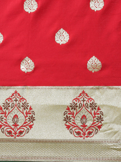 Faishana Presents Red Satin Silk Mughal Motif Zari Boota Paithani Anchal Skirt Green Border Banarasi Saree