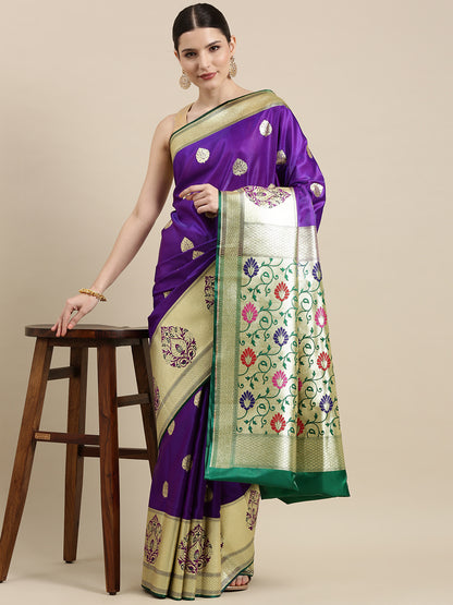 Faishana Presents Purple Satin Silk Mughal Motif Zari Boota Paithani Anchal Skirt Green Border Banarasi Saree