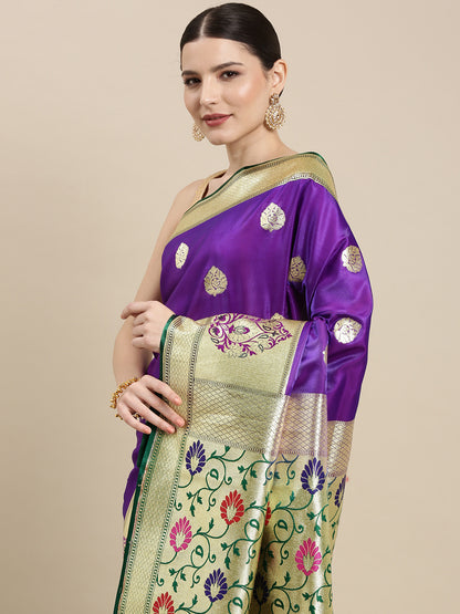 Faishana Presents Purple Satin Silk Mughal Motif Zari Boota Paithani Anchal Skirt Green Border Banarasi Saree