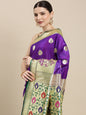 Faishana Presents Purple Satin Silk Mughal Motif Zari Boota Paithani Anchal Skirt Green Border Banarasi Saree
