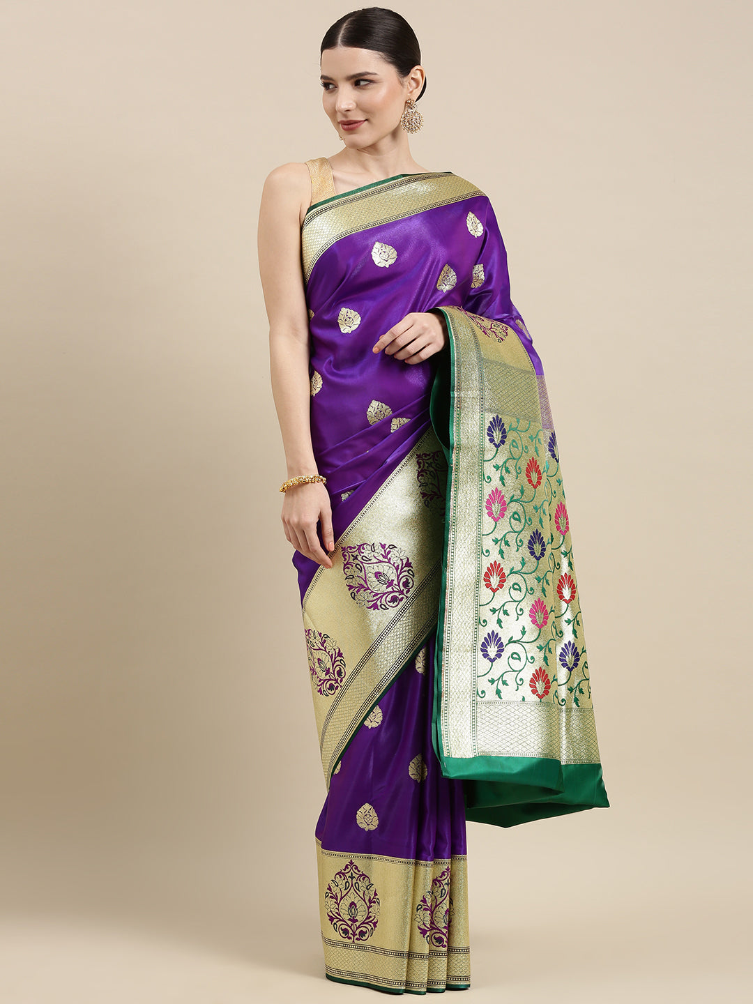 Faishana Presents Purple Satin Silk Mughal Motif Zari Boota Paithani Anchal Skirt Green Border Banarasi Saree