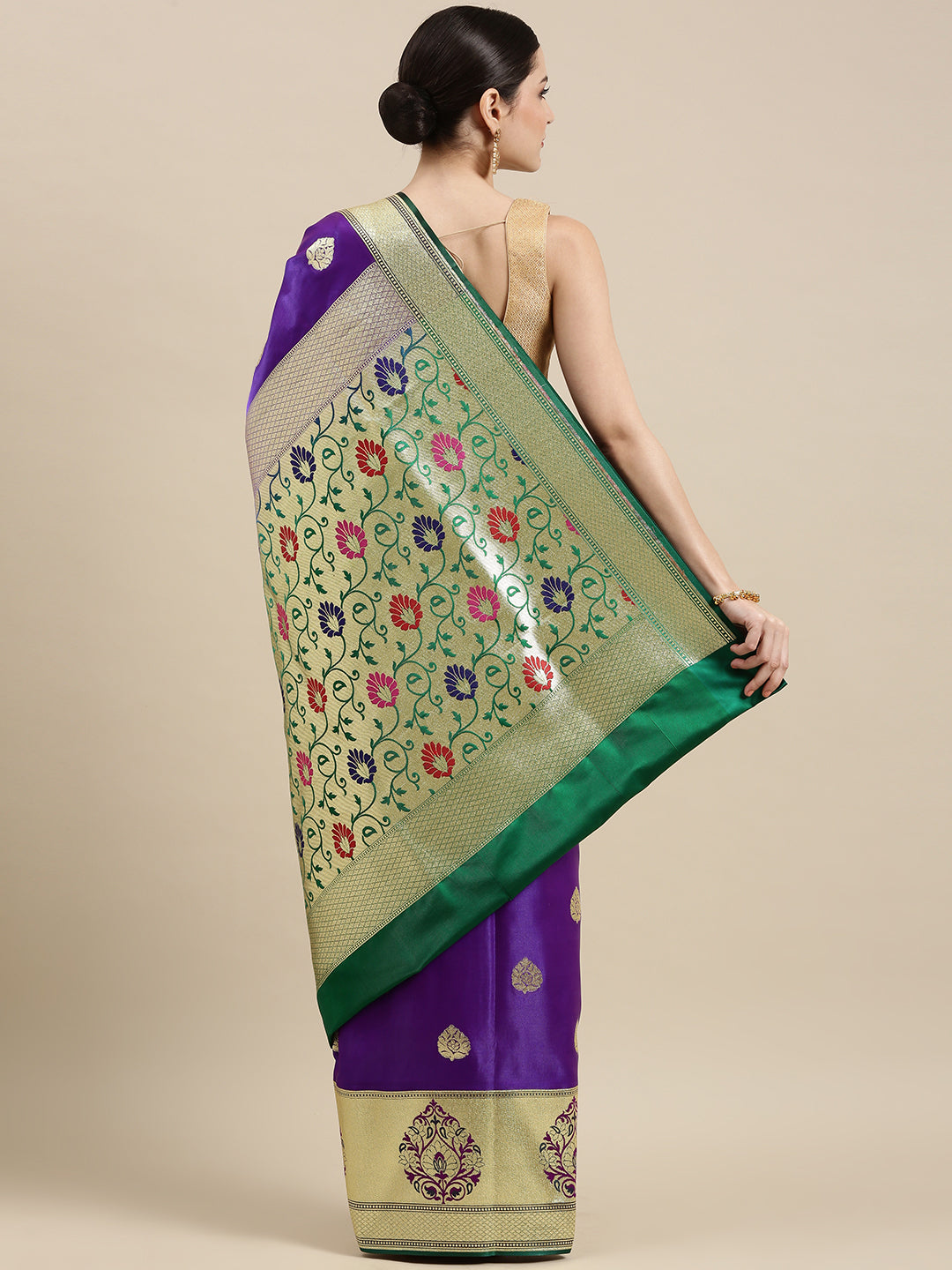 Faishana Presents Purple Satin Silk Mughal Motif Zari Boota Paithani Anchal Skirt Green Border Banarasi Saree