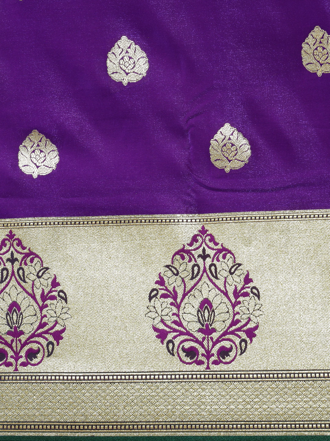 Faishana Presents Purple Satin Silk Mughal Motif Zari Boota Paithani Anchal Skirt Green Border Banarasi Saree