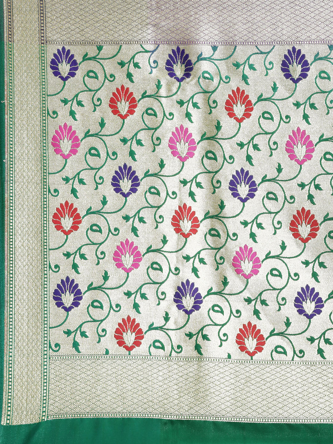 Faishana Presents Purple Satin Silk Mughal Motif Zari Boota Paithani Anchal Skirt Green Border Banarasi Saree