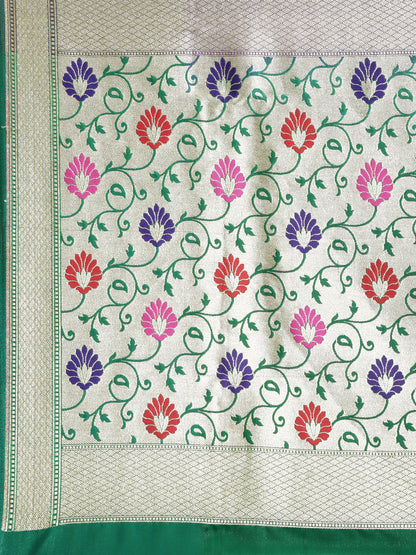 Faishana Presents Purple Satin Silk Mughal Motif Zari Boota Paithani Anchal Skirt Green Border Banarasi Saree