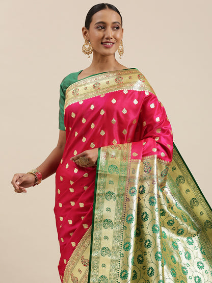 Faishana Presents Pink Satin Silk Mughal Motif Zari Booti With Paithani Green Border Banarasi Saree