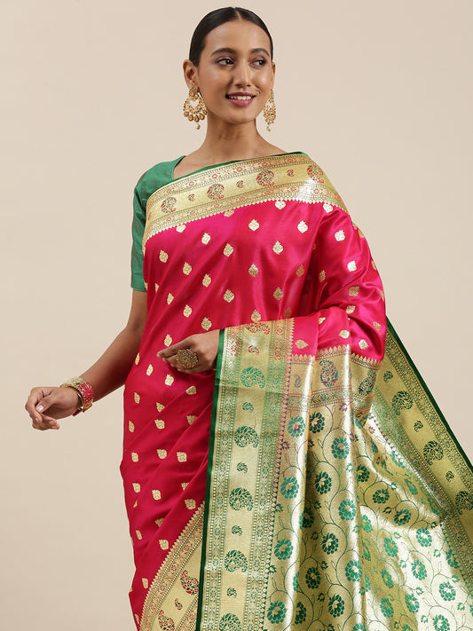 Faishana Presents Pink Satin Silk Mughal Motif Zari Booti With Paithani Green Border Banarasi Saree