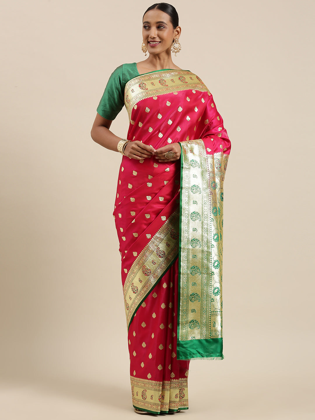 Faishana Presents Pink Satin Silk Mughal Motif Zari Booti With Paithani Green Border Banarasi Saree