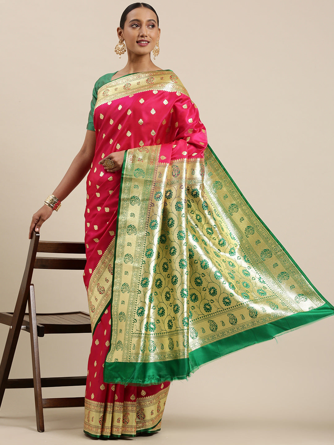 Faishana Presents Pink Satin Silk Mughal Motif Zari Booti With Paithani Green Border Banarasi Saree