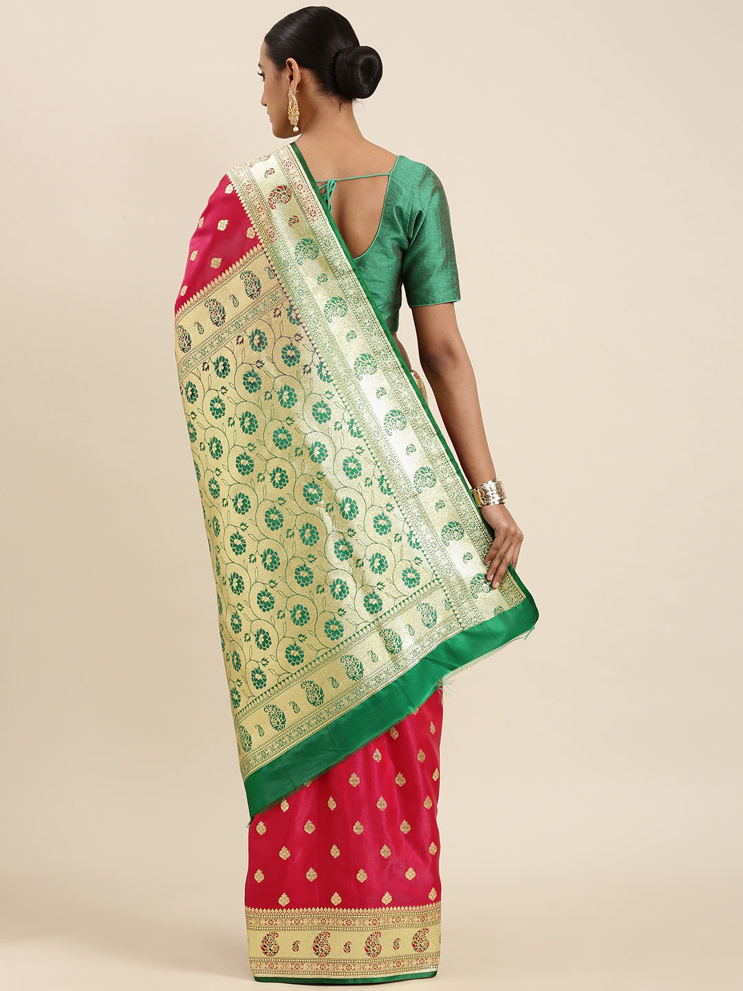 Faishana Presents Pink Satin Silk Mughal Motif Zari Booti With Paithani Green Border Banarasi Saree