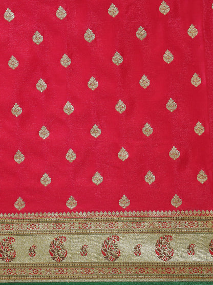 Faishana Presents Pink Satin Silk Mughal Motif Zari Booti With Paithani Green Border Banarasi Saree