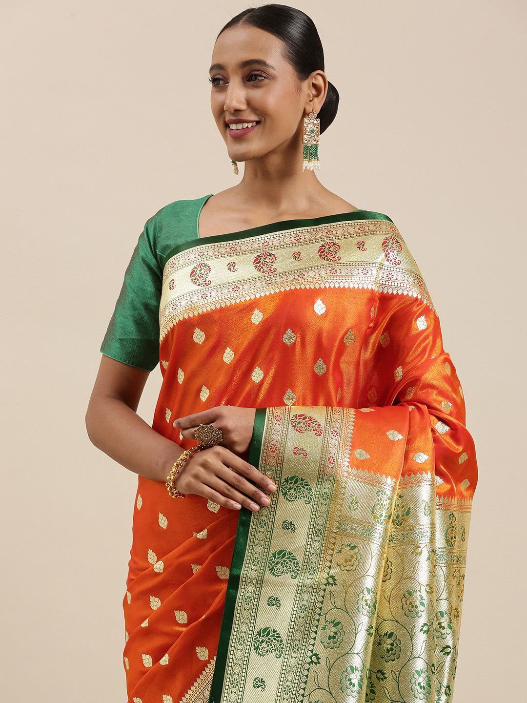 Faishana Presents Orange Satin Silk Mughal Motif Zari Booti With Paithani Green Border Banarasi Saree