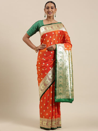 Faishana Presents Orange Satin Silk Mughal Motif Zari Booti With Paithani Green Border Banarasi Saree