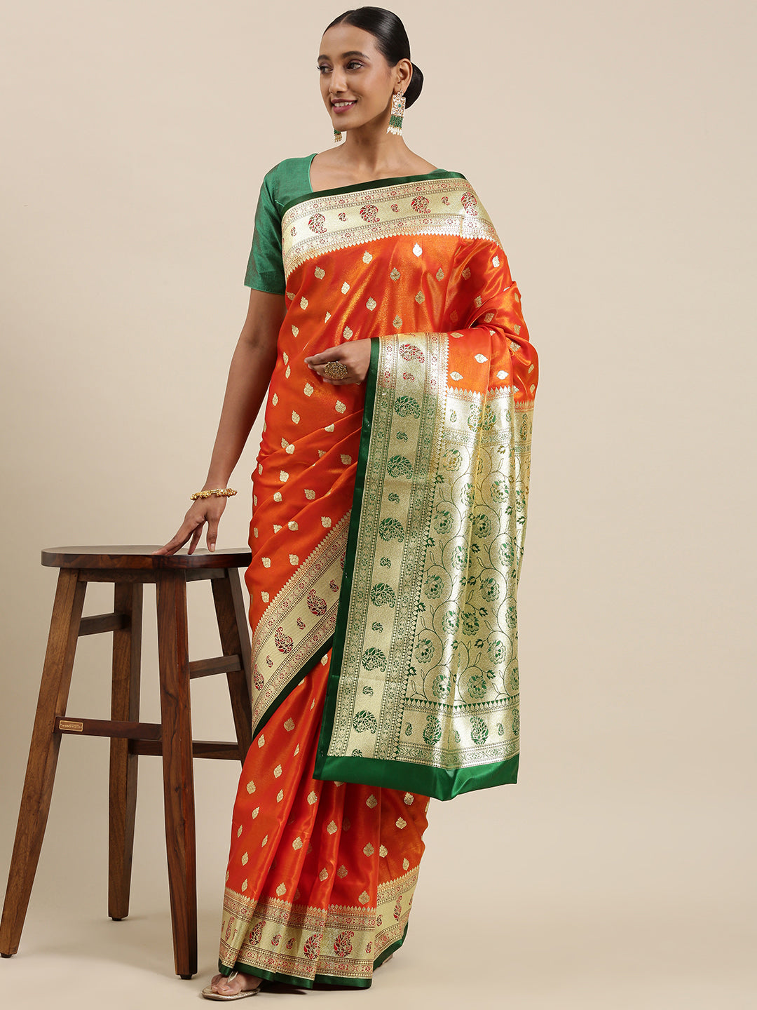 Faishana Presents Orange Satin Silk Mughal Motif Zari Booti With Paithani Green Border Banarasi Saree