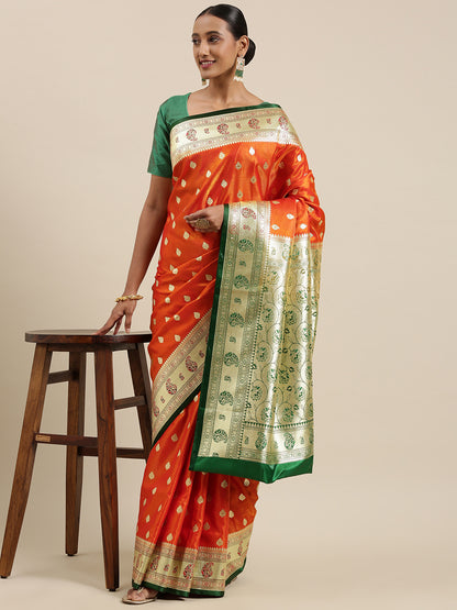 Faishana Presents Orange Satin Silk Mughal Motif Zari Booti With Paithani Green Border Banarasi Saree