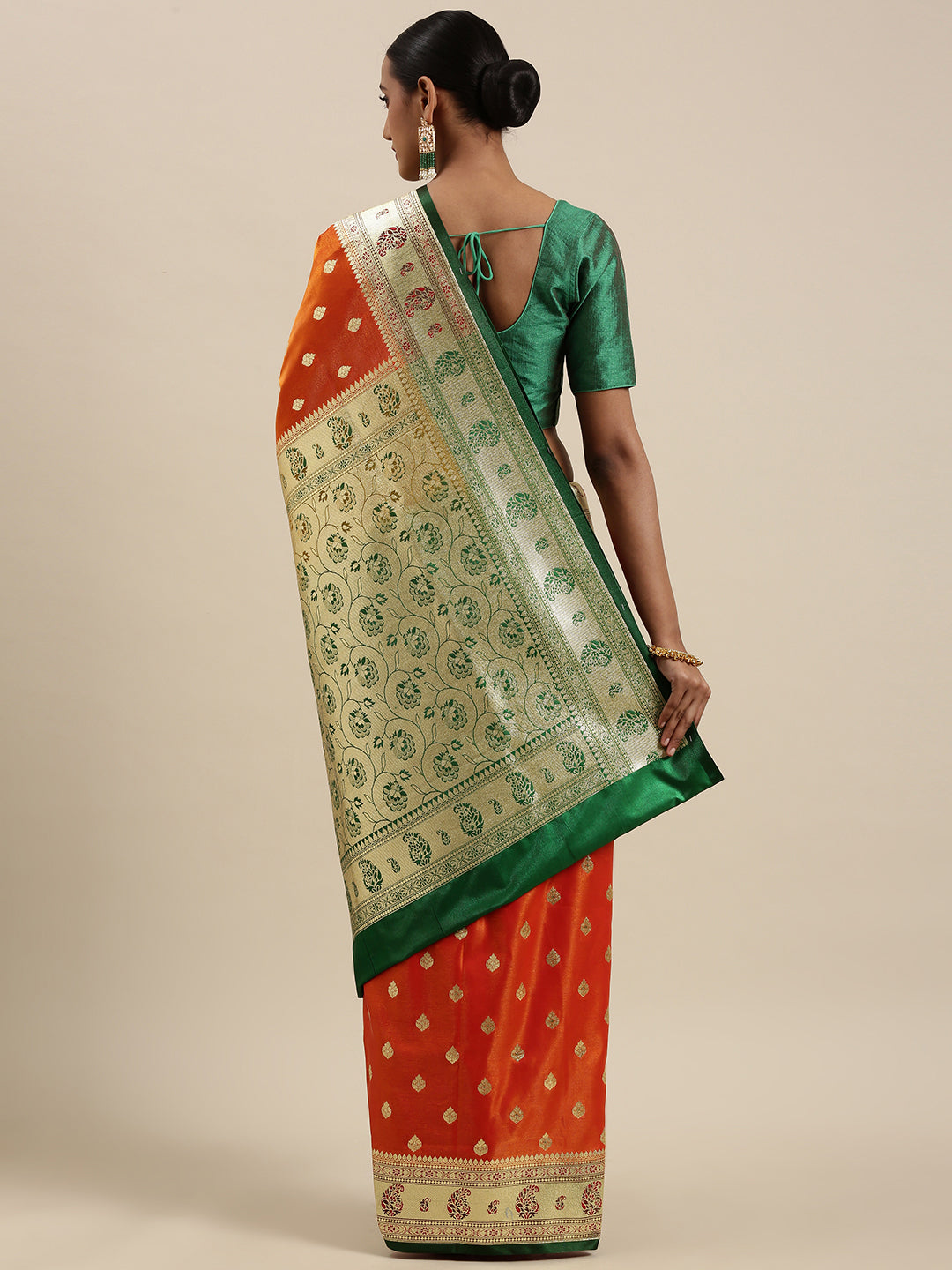 Faishana Presents Orange Satin Silk Mughal Motif Zari Booti With Paithani Green Border Banarasi Saree